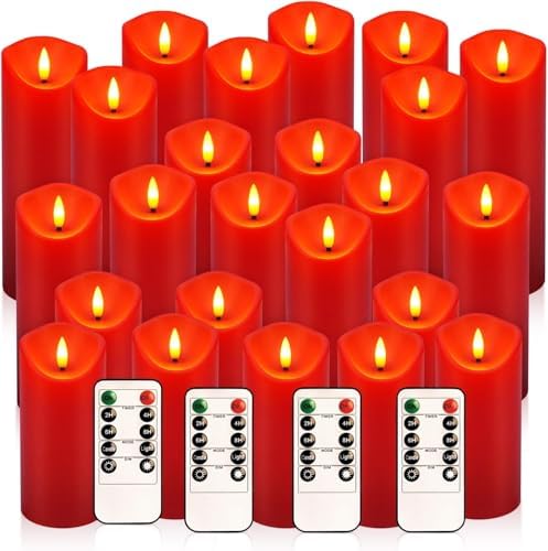 YOROXRG 24 Pack Christmas Decoration Flickering Flameless Candles,LED Candles Battery Operated Pillar Candles with Remote Control.for New Year, Home Decor, Parties,Wedding(D2.2 xH 5" 6" 7" Red) by YOROXRG