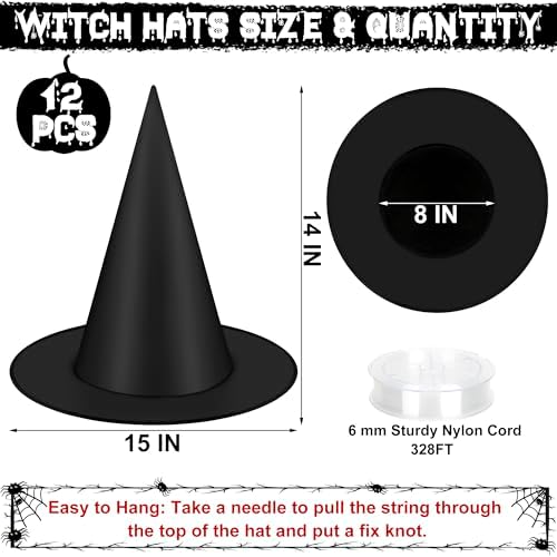 12 PCS Halloween Witch Hats, Black Hanging Witch Hats Porch Yard Decor - Image 2