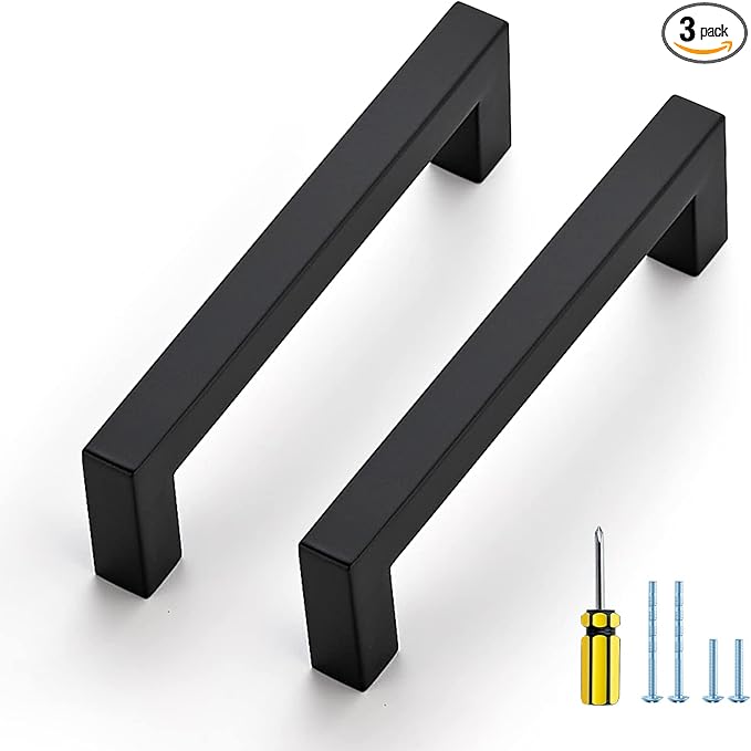 Ravinte 3 Pack Black Cabinet Pulls 4-1/2 Inch Square Kitchen Cabinet Handles Matte Black Kitchen Hardware for Drawer Pulls Drawer Handles Come with Screwdriver