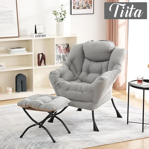 Tiita Lazy Chair with Ottoman, Comfy Reading Accent Chair, Light Grey - Image 5