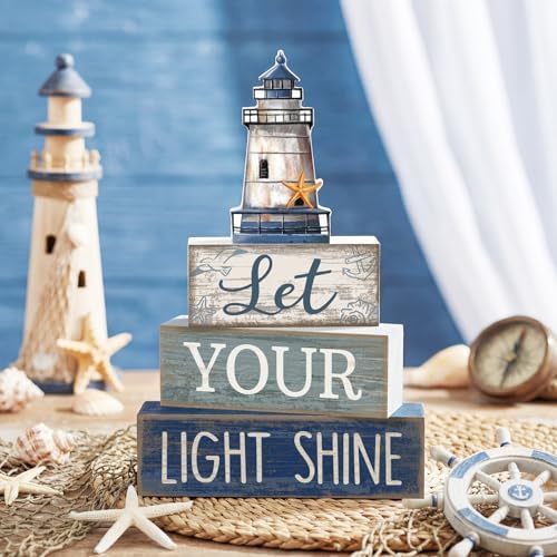 Lineshading 4 Pcs Lighthouse Coastal Decor Wooden Block Signs Rustic - Image 2