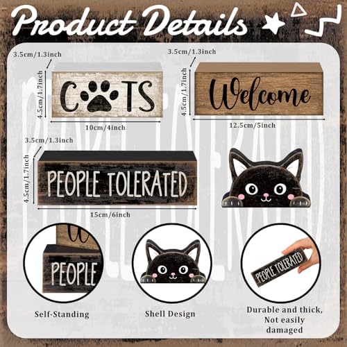 Lineshading 4 Pcs Cat Wooden Sign Set, Farmhouse Tiered Tray Decor - Image 3