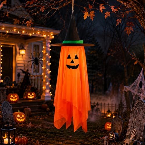 Halloween Decorations Ghost Hanging Ornaments: 39.4 Inch Foldable Cloth Witch Hat Ghost Decor With Lanyards - Reusable Hanging Halloween for Tree Porch Yard and Ceiling Wall Home - Image 5