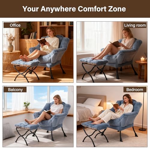 Welnow Lazy Chair with Ottoman,Reading Chair with Footrest,Light Blue - Image 6