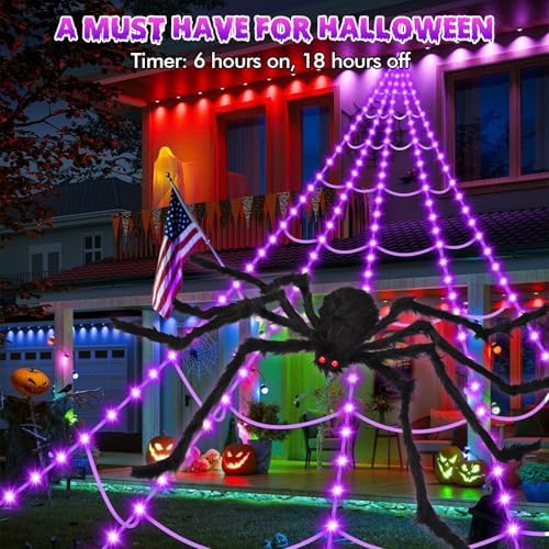 OCATO 200" Halloween Decorations Spider Web Lights Outdoor +59" Fake Spider - Image 5