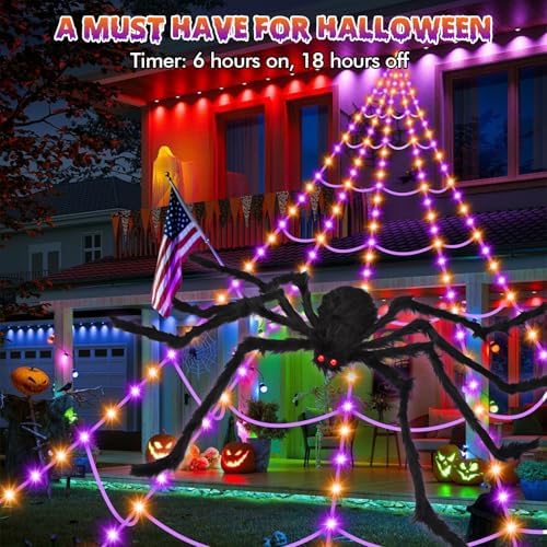 OCATO 200" Halloween Decorations Spider Web Lights Outdoor +59" Fake Spider - Image 4