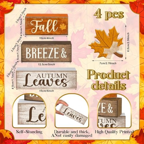 Lineshading 4 Pcs Wooden Fall Block Signs Farmhouse Tabletop Decor - Image 2