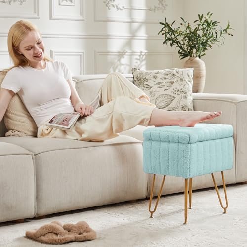 OLIXIS Vanity Stool Chair Faux Fur with Storage, Soft Ottoman 4 Metal Legs - Image 2