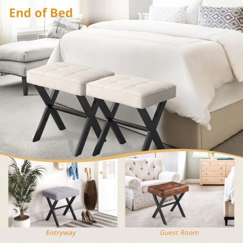 LUE BONA Ottoman Foot Stool Vanity Stool, Square Linen X-Leg Foot Rest Ottoman Makeup Stool, Small Stool Chair for Vanity, Modern Padded Vanity Seat for Makeup Room, Living Room, Bathroom, Linen Color - Image 6