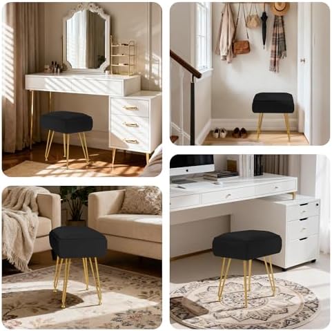 Marching Pin Vanity Stool Chair with Storage, White Faux Velvet Ottoman Chair for Bedroom, Makeup Stool with Soft Padded Seat & 4 Sturdy Metal Legs, 284LBS Capacity, 15.7" L x 11.8" W x 19.6" H - Image 4