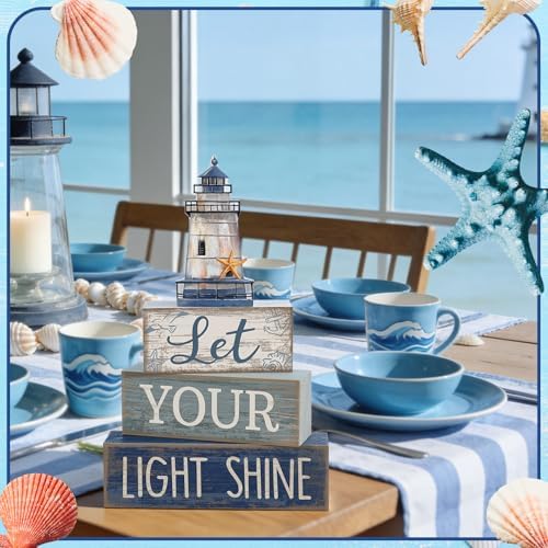 Lineshading 4 Pcs Lighthouse Coastal Decor Wooden Block Signs Rustic - Image 5