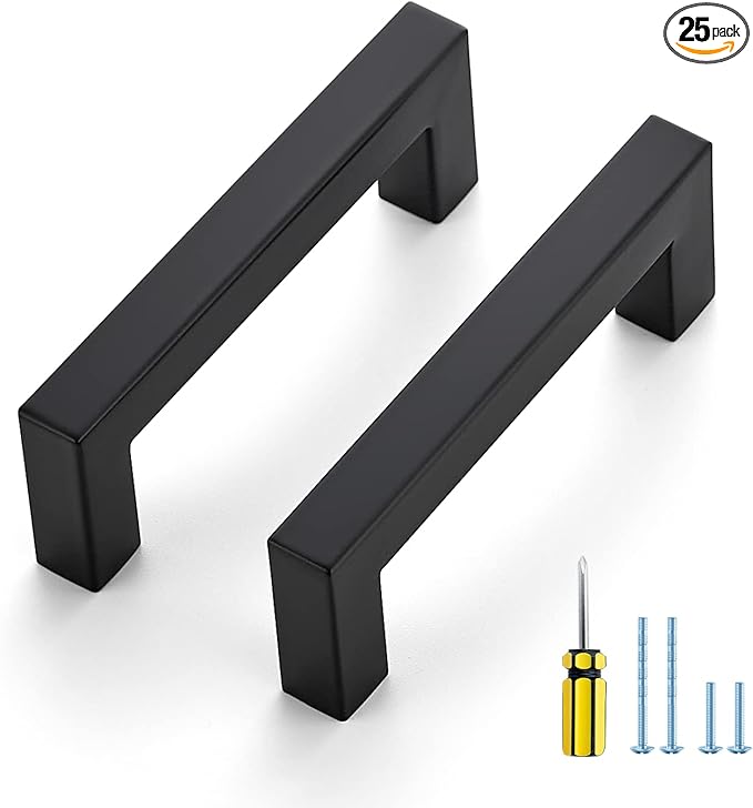 Ravinte 25 Pack Black Cabinet Pulls 3-1/2 Inch Square Kitchen Cabinet Handles Matte Black Kitchen Hardware for Drawer Pulls Drawer Handles Come with Screwdriver