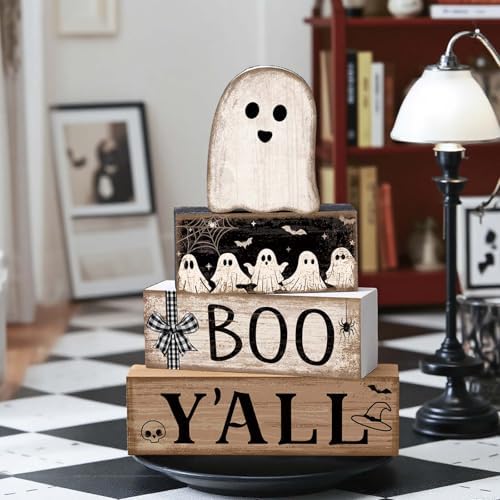 Lineshading 4 Pcs Halloween Table Decoration Wooden Ghost Tiered Tray Decor - Image 2