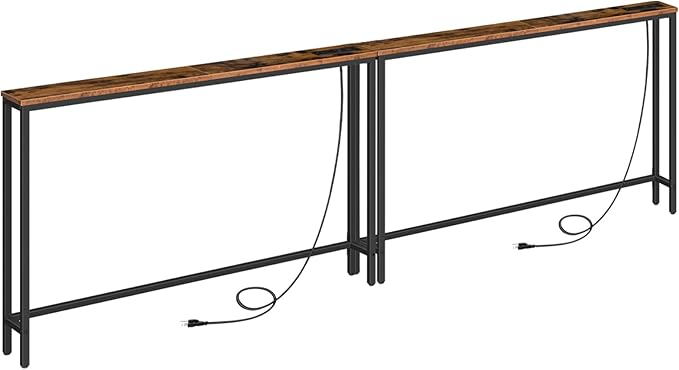 HOOBRO 2 Pack 5.9" Narrow Console Sofa Table with Power Outlets, 47.2" Long Behind Couch Table with Charging Station, Skinny Sofa Table for Living Room, Foyer, Rustic Brown BF15XGP201G1