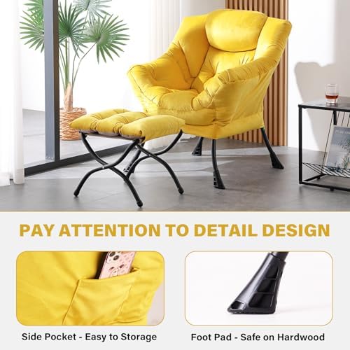 Tiita Lazy Chair with Ottoman, Comfy Reading Accent Chair, Velvet Yellow - Image 5
