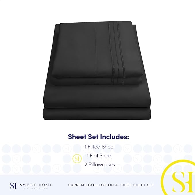 RV Queen Bed Sheets - Breathable Luxury Sheets with Full Elastic & Secure Corner Straps Built In - 1800 Supreme Collection Extra Soft Deep Pocket Bedding Set, Sheet Set, RV Short Queen, Black