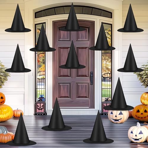 12 PCS Halloween Witch Hats, Black Hanging Witch Hats Porch Yard Decor by Helimoto