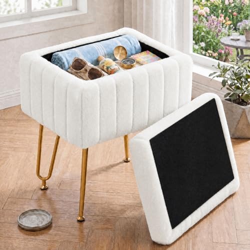 OLIXIS Vanity Stool Chair Faux Fur with Storage, Soft Ottoman 4 Metal Legs with Anti-Slip Feet, Makeup Cute Soft Small Footstool for Makeup, Cute Small Footrest for Dressing Table by OLIXIS