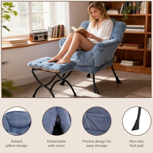 Welnow Lazy Chair with Ottoman,Reading Chair with Footrest,Light Blue - Image 4