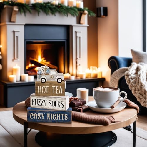Lineshading 4 Pcs Snowflake Truck Tiered Tray Decor Wooden Block Signs - Image 4
