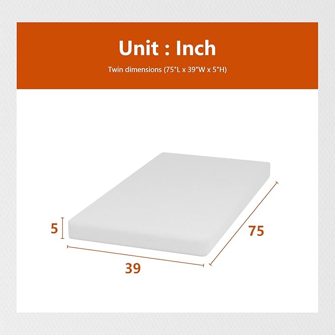 PayLessHere 5 Inch Gel Memory Foam Mattress Medium Firm Mattresses CertiPUR-US Certified Bed-in-a-Box Pressure Relieving Twin Size,Fiberglass Free，White