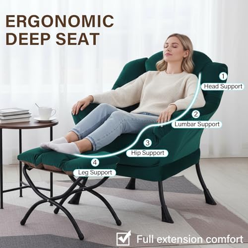 Welnow Lazy Chair with Ottoman, Reading Chair with Footrest,Dark Green - Image 5