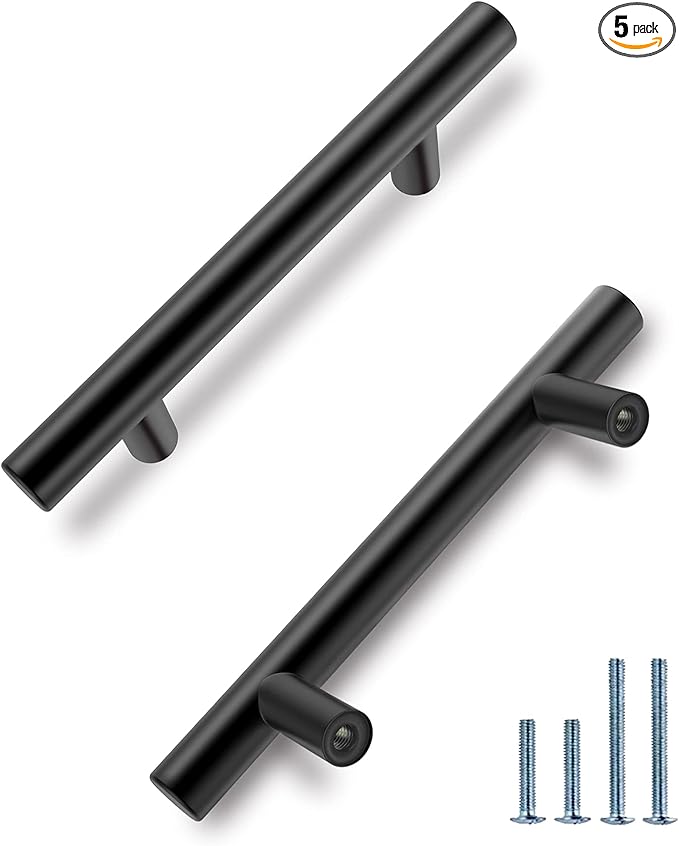 HBL' 5 Pack | 3-1/2 Inch Center to Center Matte Black Cabinet Pulls Kitchen Cabinet Handles, Made of Stainless Steel, Ideal for Cabinet,Drawer,Cupboard and Wardrobe.