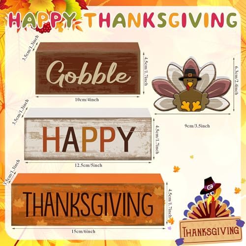 Lineshading 4 Pcs Fall Table Decor Wood Turkey Block Signs, Thanksgiving - Image 3