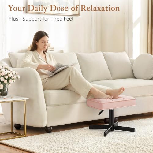 LUE BONA Adjustable Vanity Stool, 15''-19.5'' Foot Rest Under Desk, 360° Swivel Vanity Chair for Makeup Room, Pink Upholstered Faux Leather Ottoman for Bathroom & Living Room, 300lbs - Image 5