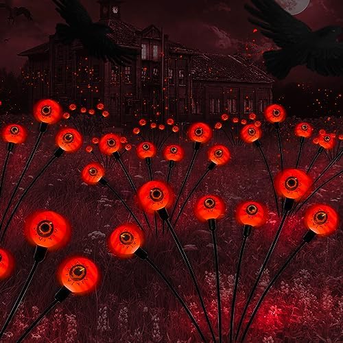 Outdoor Halloween Decorations Solar Spooky Lights-12LED Scary Eyeballs Swaying Firefly Light with Magic Party Garden Decor,Solar Halloween Path Lights for Grave Cemetery,Ghost Decor 2PACK Orange by BeHiller