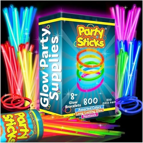 PartySticks Glow Sticks 800 pack - 8 Inch Glow in The Dark Light Up Sticks Party Favors, Glow Party Decorations, Neon Party Glow Necklaces and Glow Bracelets with Connectors by PartySticks