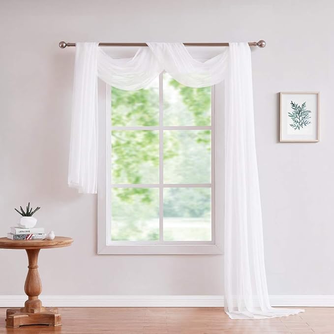 Warm Home Designs Standard Length White Sheer Window Scarf. Valance Scarves are 54 X 144 Inches. Great As Wedding Arch Draping Fabric, Bed Canopy Or for Decorative Project. AM White 144"