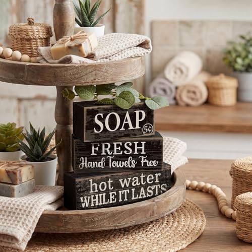 Lineshading 4 Pcs Wooden Bathroom Block Signs, Farmhouse Shelf Decor - Image 6