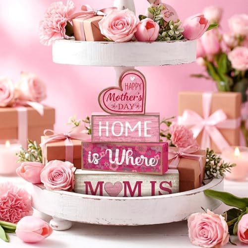 Lineshading 4 Pcs Wooden Block Signs Mothers Day Farmhouse Tabletop Decor - Image 4
