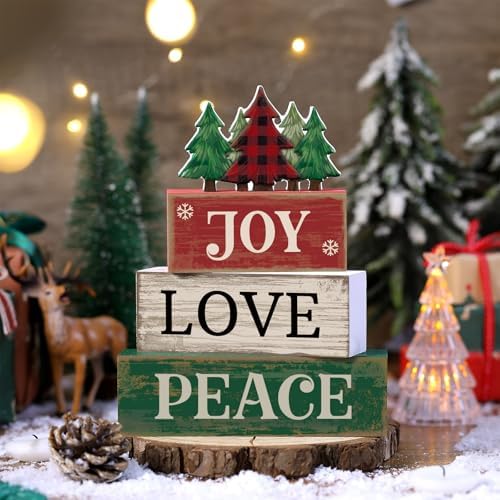 Lineshading 4 Pcs Christmas Table Decor Christmas Tree Block Signs Joy Love - Image 2