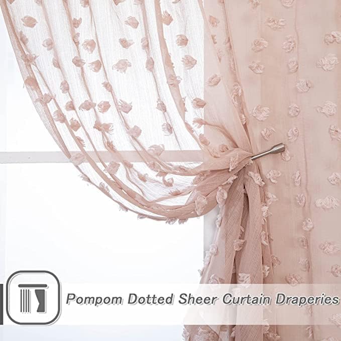 MYSKY HOME Pom Pom Pink Sheer Curtains for Bedroom Girls Room Dusty Rose Curtains 63 inch Length for Nursery Kids Light Filtering Boho Window Drapes, Rod Pocket, 38" Wide, 2 Panels