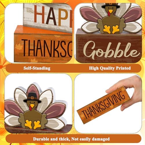 Lineshading 4 Pcs Fall Table Decor Wood Turkey Block Signs, Thanksgiving - Image 6