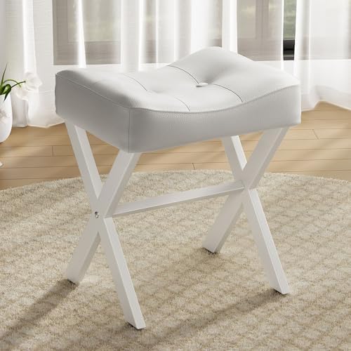 Memobarco 18-Inch Leather Vanity Stool Chair, White Makeup Stool by MEMOBARCO