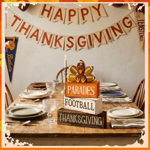 Lineshading 4 Pcs Fall Football Decor, Thanksgiving Turkey Wood Block Sign - Image 5