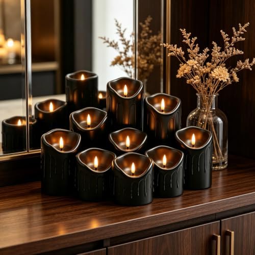 Nimiko Flameless Candles with Remote, Battery Operated Flickering Flameless Candles, LED Candles with Timer 2/4/6/8H, Realistic Drop Wax flameless Candle Set of 9 (D3 x H 3" 4" 5" 6" 7") (Black) - Image 4