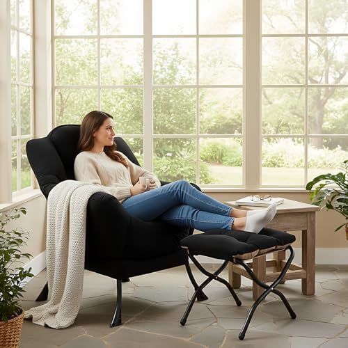 Welnow Lazy Chair with Ottoman, Reading Chair with Footrest,Matte Black - Image 2