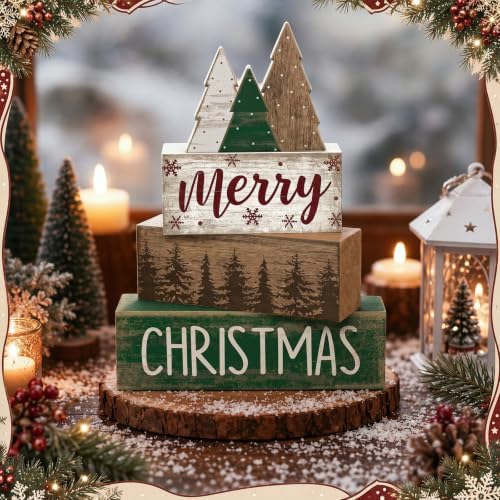 Lineshading 4 Pcs Christmas Table Decor Retro Christmas Tree Centerpiece with Buffalo Plaid Pattern Winter Tiered Tray Decor Rustic Wooden Pine Tree Xmas Decoration for Home Shelf Party Kitchen - Image 6
