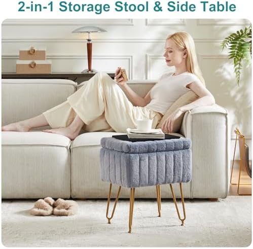 DUMOS Vanity Storage Ottoman Stool, Compact Faux Fur Footstool with Soft Seat, Modern Cute with 4 Metal Legs & Adjustable Feet for Bedroom, Living Room, Dressing Area & Dorm Grey - Image 4