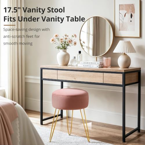 LUE BONA Vanity Stool, Pink Vanity Stools for Makeup Room, Round Ottoman Foot Stool, Velvet Footrest Vanity Chair for Bathroom Vanity, Bedroom, Living Room, Entryway, Offices, 300lbs - Image 4