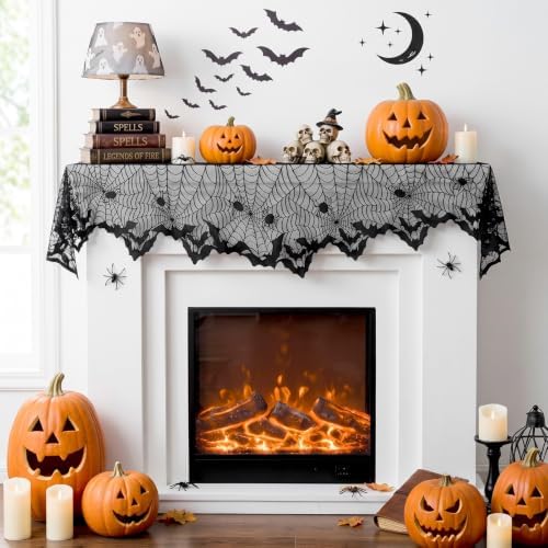 Black Lace Cobweb Halloween Fireplace Mantel Scarf Cover Decor, 18x96 in by AerWo