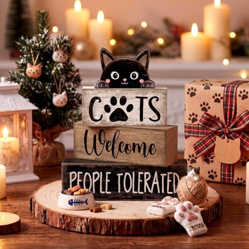 Lineshading 4 Pcs Cat Wooden Sign Set, Farmhouse Tiered Tray Decor - Image 2
