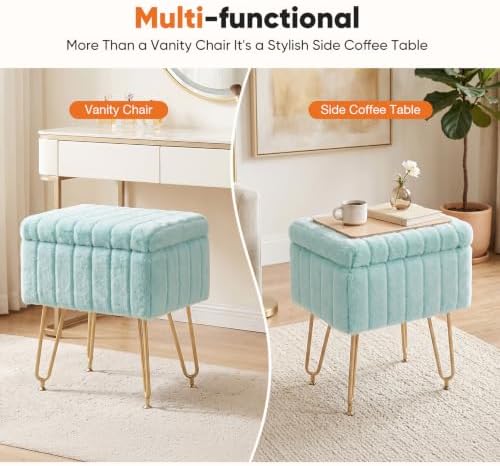 DUMOS Vanity Stool Chair with Storage, Small Ottoman Faux Fur Soft Padded Footstools Seat with 4 Metal Legs Anti-Slip Adjustable Feet Modern Footrest for Home Entryway Bedroom Makeup - Image 5