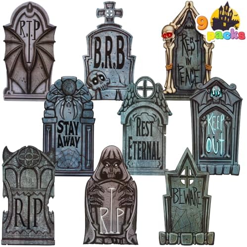 JOYIN 16" 9 Pcs Halloween Tombstones Decorations Outdoor Graveyard Decor, Yard Lawn Cemetery Plastic Headstones with 18 Metal Stakes For Halloween Indoor Prop Decorations, Party Decor Supplies by JOYIN