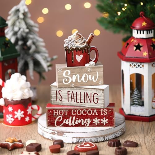 Lineshading 4 Pcs Christmas Table Decor, Hot Cocoa Wood Block Sign Home Set - Image 4