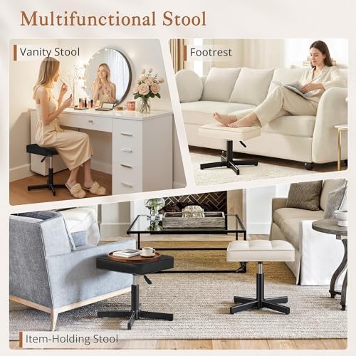 LUE BONA Adjustable Vanity Stool, Foot Rest Under Desk, 360° Swivel Vanity Chair for Makeup Room, Black Upholstered Faux Leather Ottoman for Bathroom & Living Room, 300lbs - Image 6